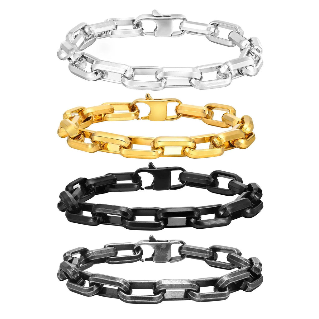 Men's simple square link titanium steel bracelet in steel, gold, black, or retro colour finish.
