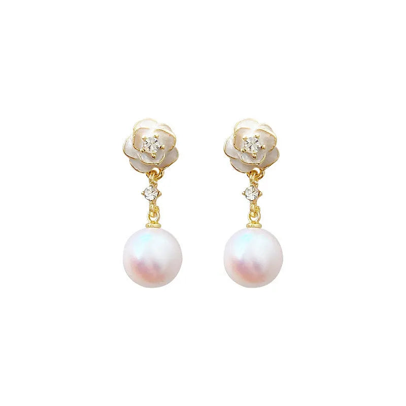Camellia flower stud earrings for women with pearl-effect finish and alloy construction