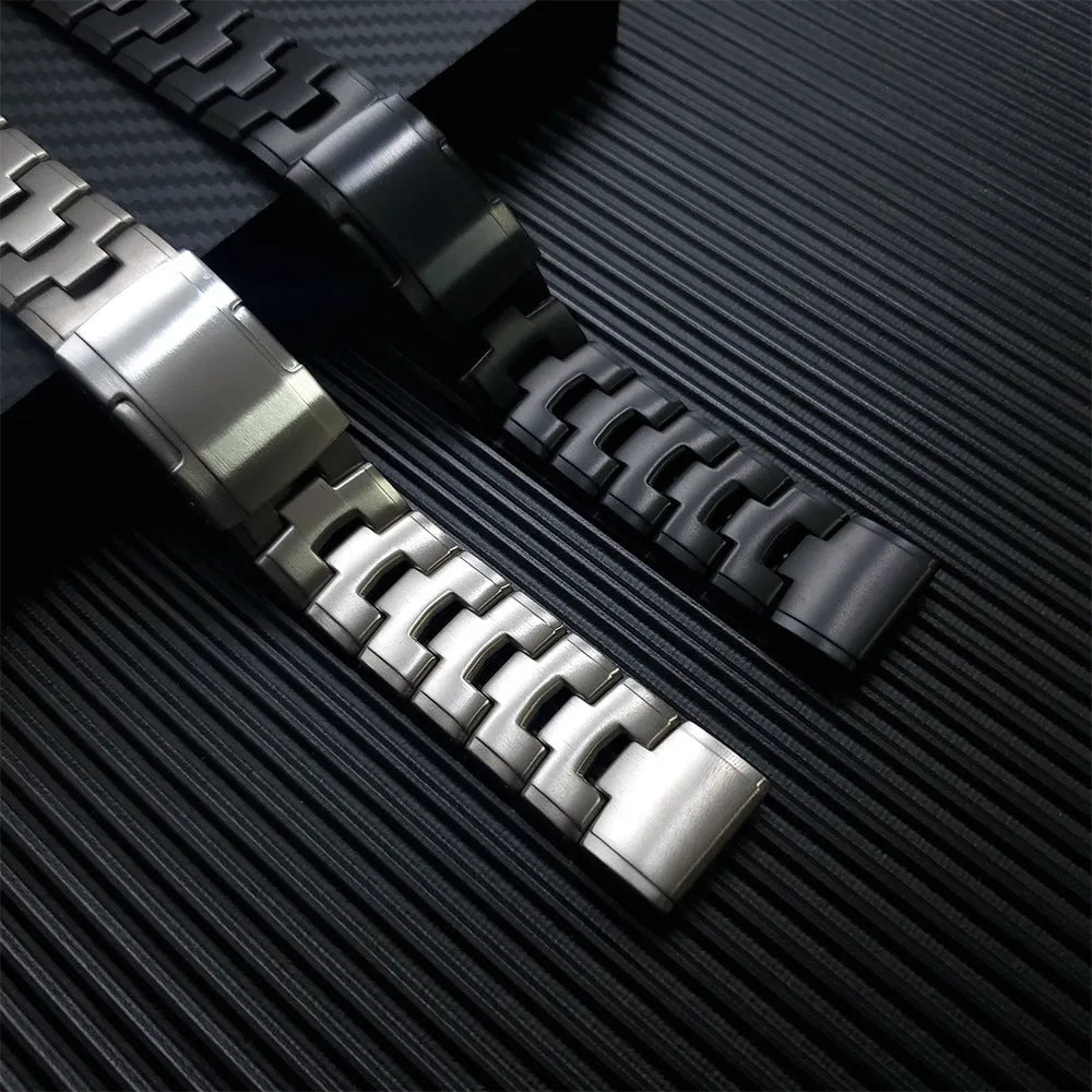 Garmin Fenix compatible replacement watch strap in silver, black, and titanium colours showing 22mm and 26mm widths.