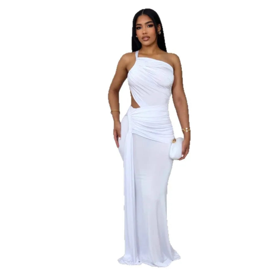 Women's solid colour long pleated one shoulder dress in green, orange, or white