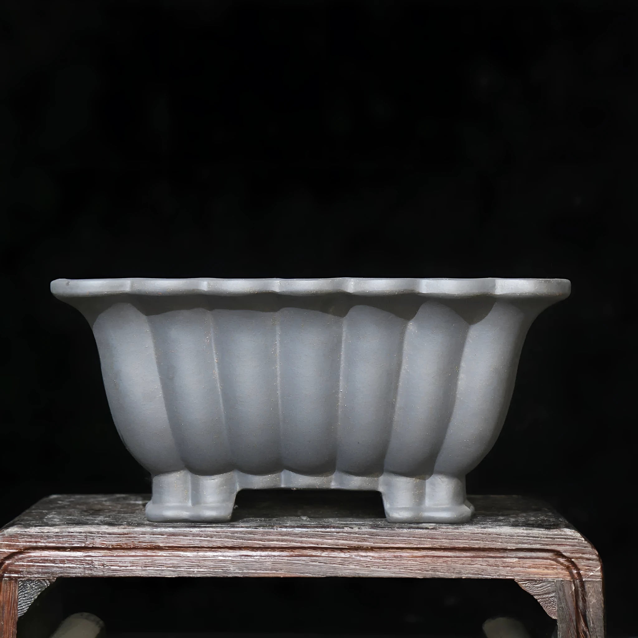 Square purple sand ceramic bonsai pot for desktop use, showing classical style.