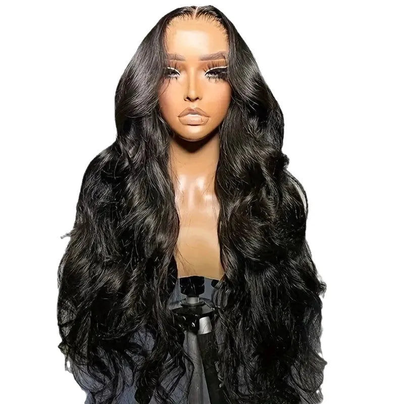 Black lace wig with big wave hairstyle made from high-temperature chemical fibre, shown on a mannequin head.