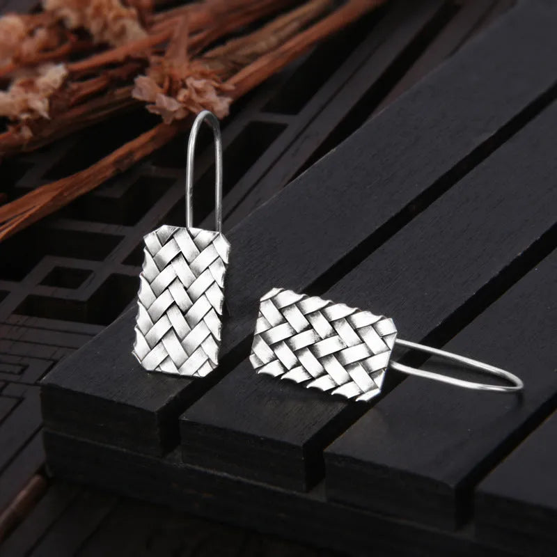 Silver geometric diamond plaid woven 925 sterling silver drop earrings for women