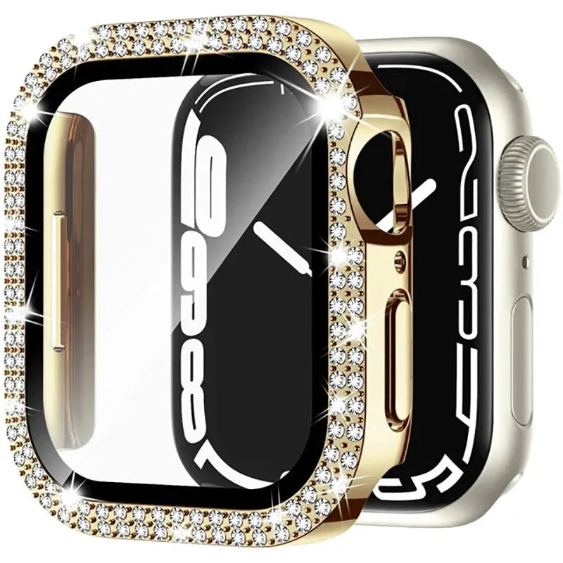 Apple Watch case with double diamond glass privacy screen in rose gold, silver, and black colour options