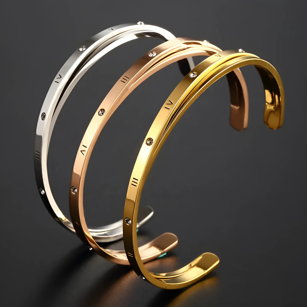 Women's open-ended bracelet with inlaid zircon stones in stainless steel with rose gold, steel or gold electroplated finish