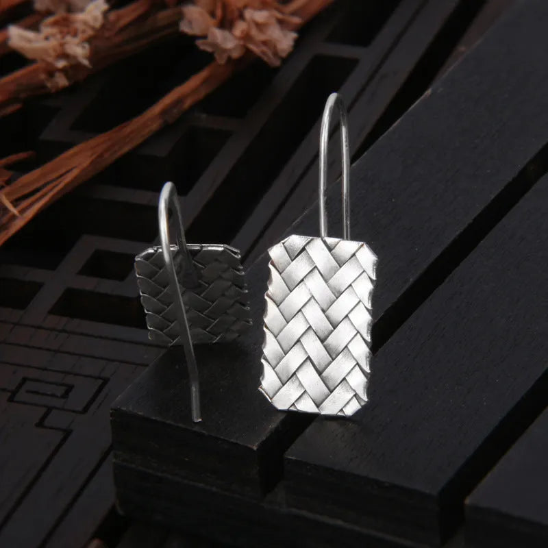 Silver geometric diamond plaid woven 925 sterling silver drop earrings for women