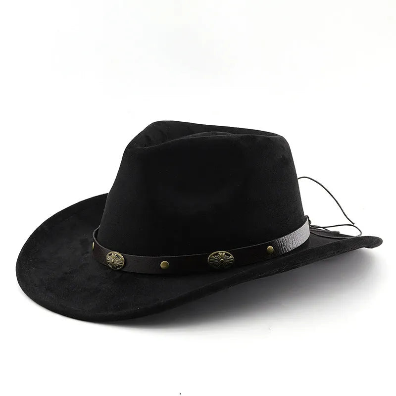 Brown leather velvet curved-edge western cowboy hat with a conical crown on a plain background.