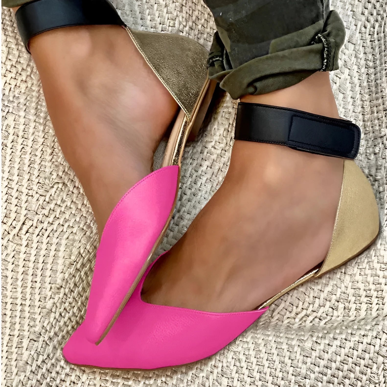 Women's beige velcro-strap sandals with hollowed pattern design on the flat upper.