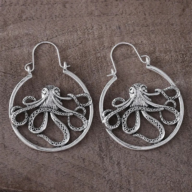 Octopus design earrings in antique silver finish with retro styling and zinc alloy construction