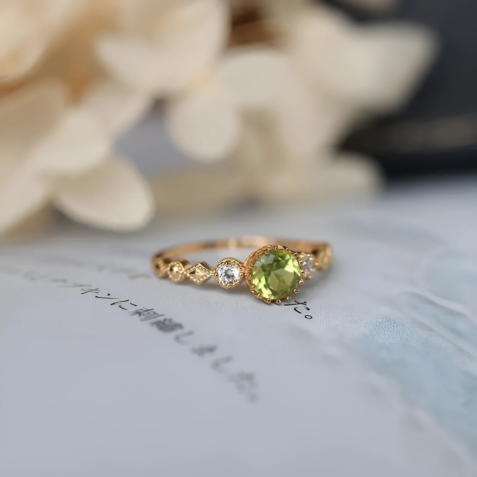 Japanese style geometric copper ring with quadrilateral design and imitation peridot colouration