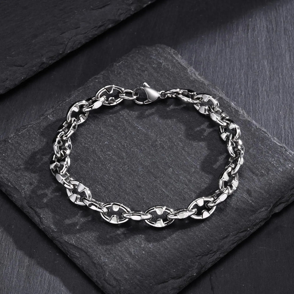 Handmade thick geometric chain link bracelet in stainless steel, shown in steel colour.
