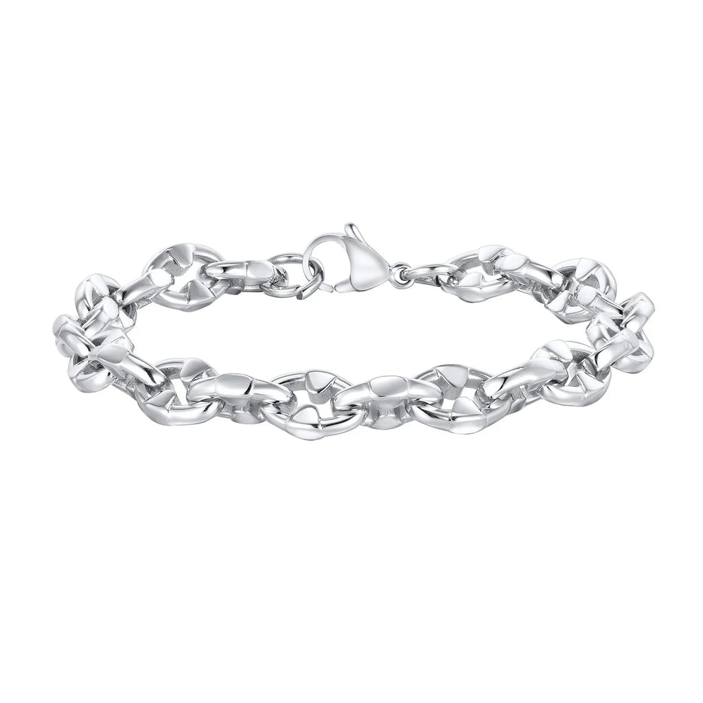 Handmade thick geometric chain link bracelet in stainless steel, shown in steel colour.
