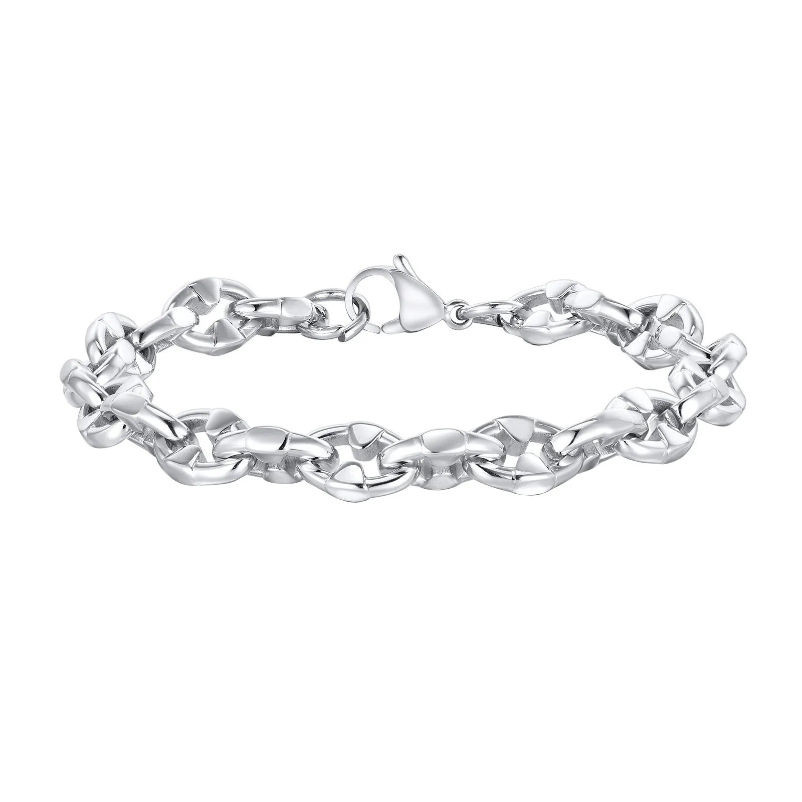 Handmade thick geometric chain link bracelet in stainless steel, shown in steel colour.