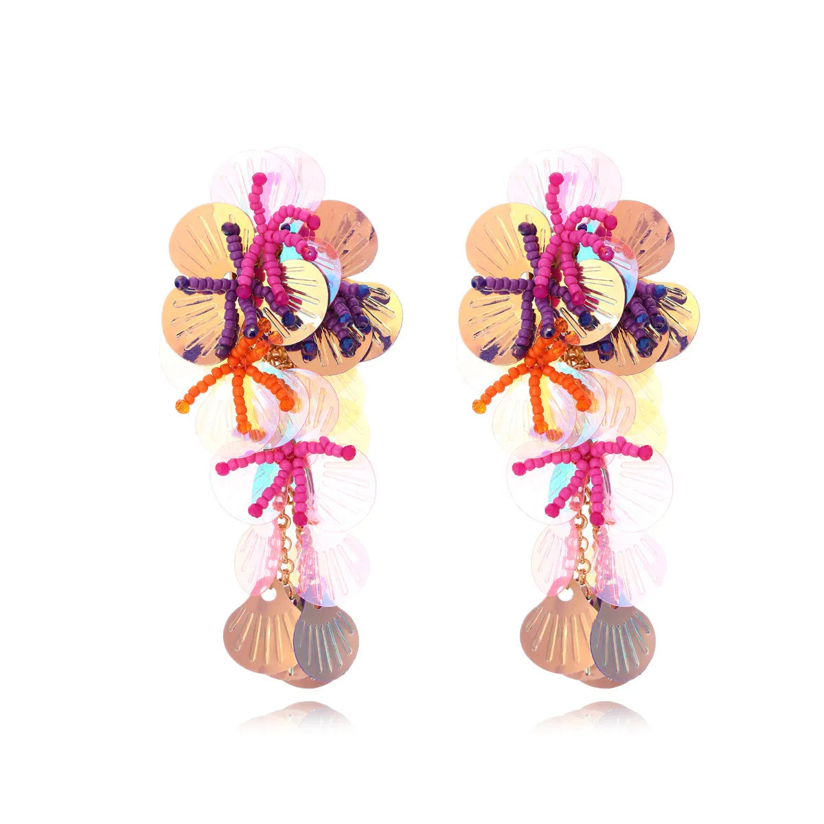 Handmade colourful string bead flower and leaf earrings in European and American exaggerated style.