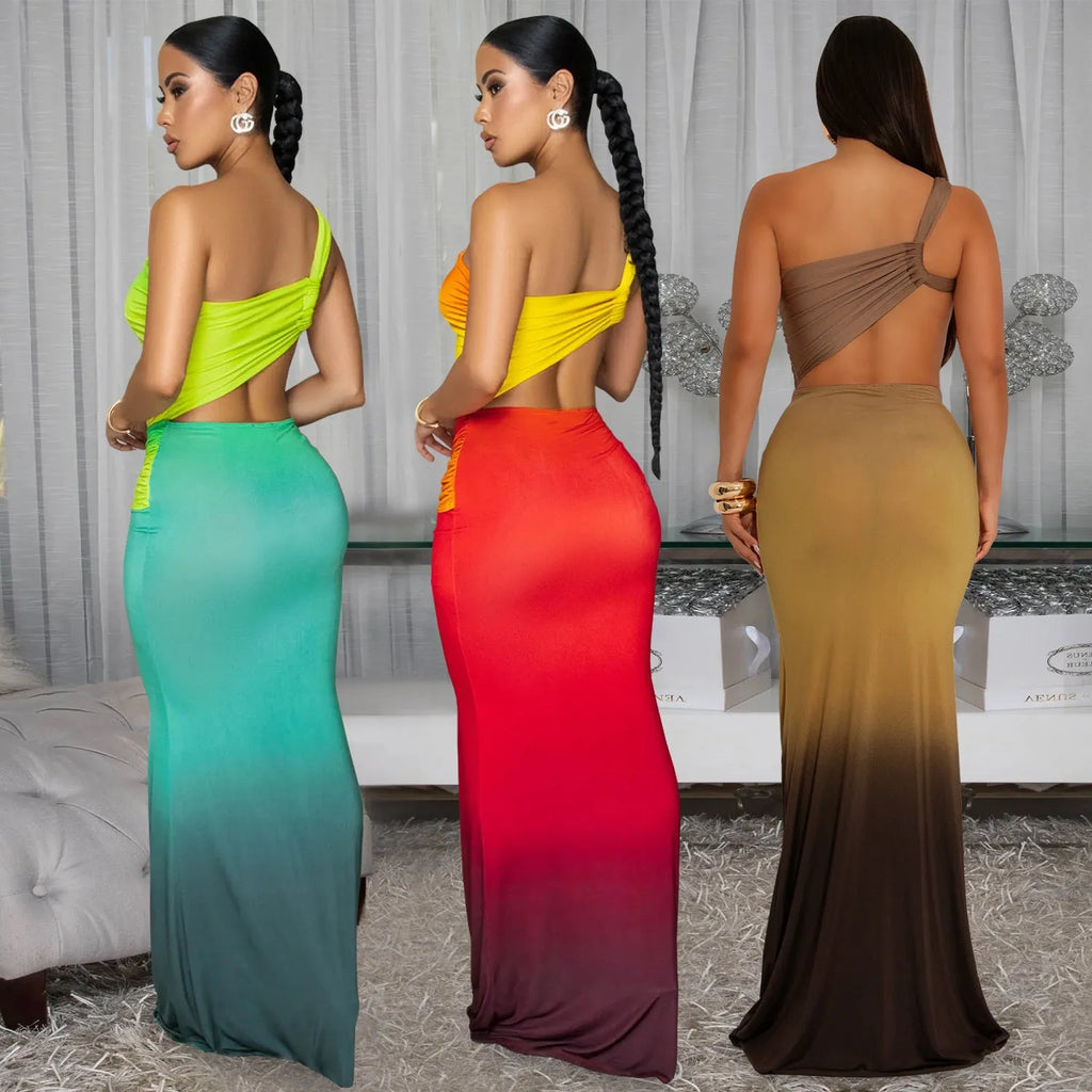 Oblique shoulder women's summer dress in a gradient colour with a high waist and long maxi skirt.