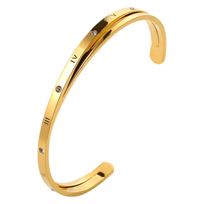 Women's open-ended bracelet with inlaid zircon stones in stainless steel with rose gold, steel or gold electroplated finish