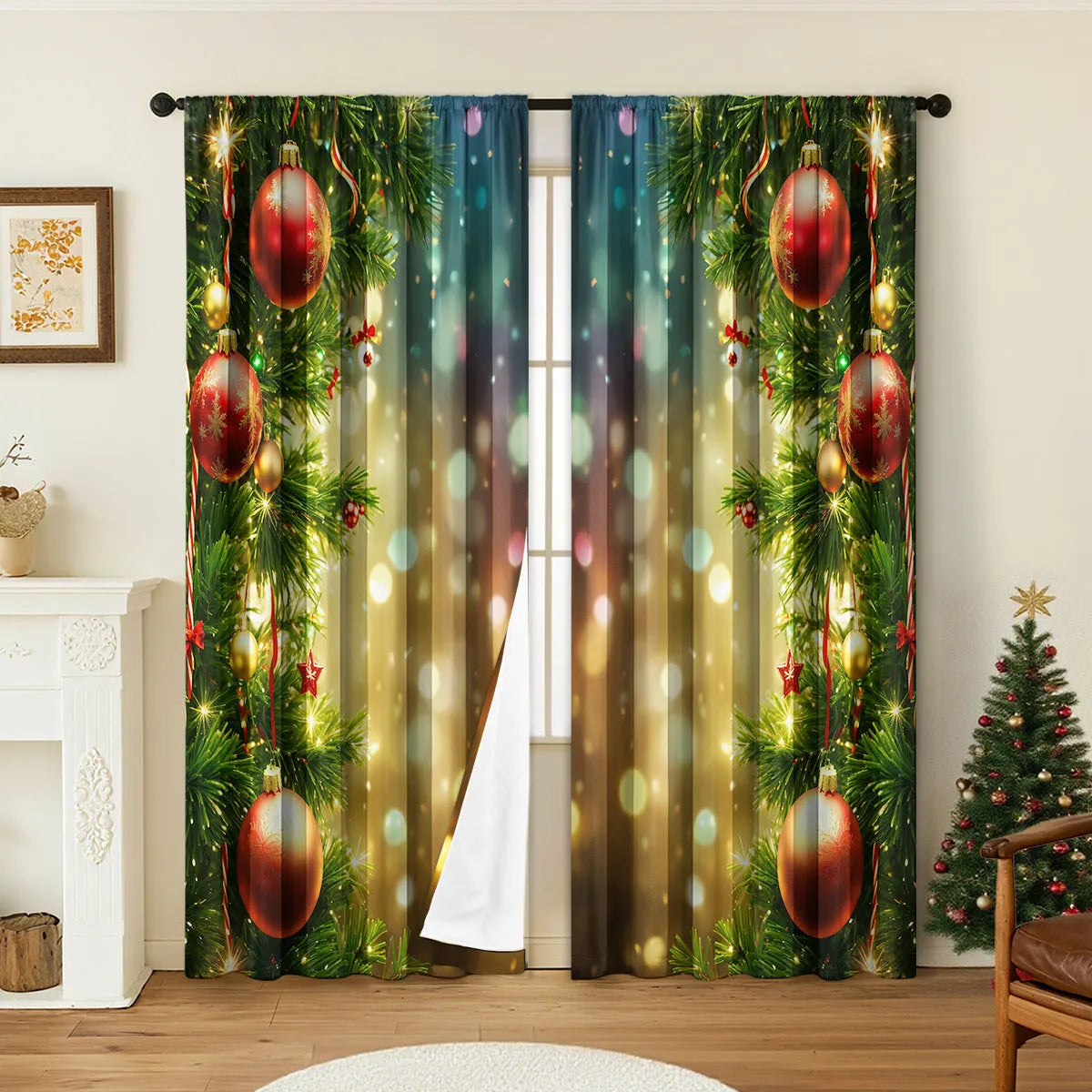 Pair of 3D digitally printed Christmas pattern blackout curtains hanging on a window.