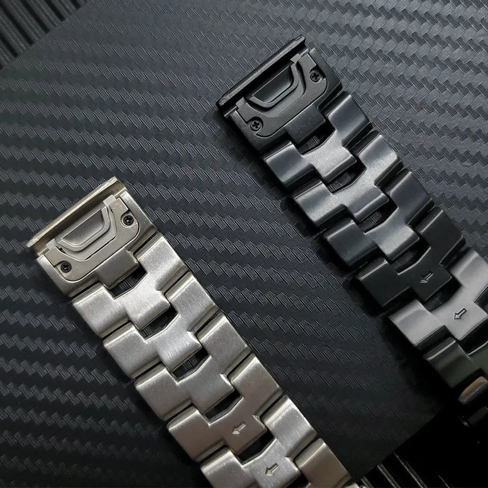 Garmin Fenix compatible replacement watch strap in silver, black, and titanium colours showing 22mm and 26mm widths.