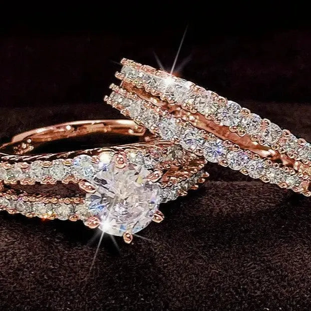 Two-in-one alloy ring set for women with diamond treatment in silver, gold, and rose gold colours.