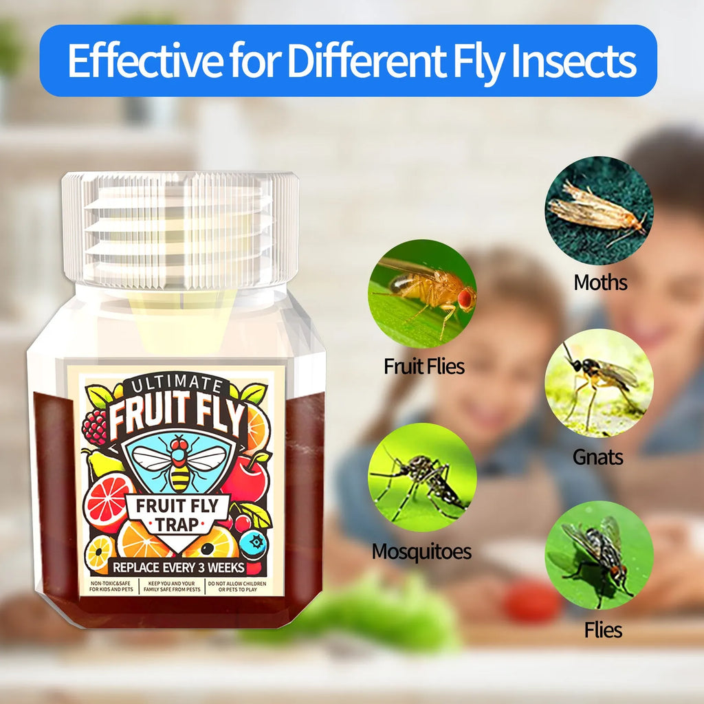 Bottle of fruit fly trapper bait liquid with specification options for trap systems.