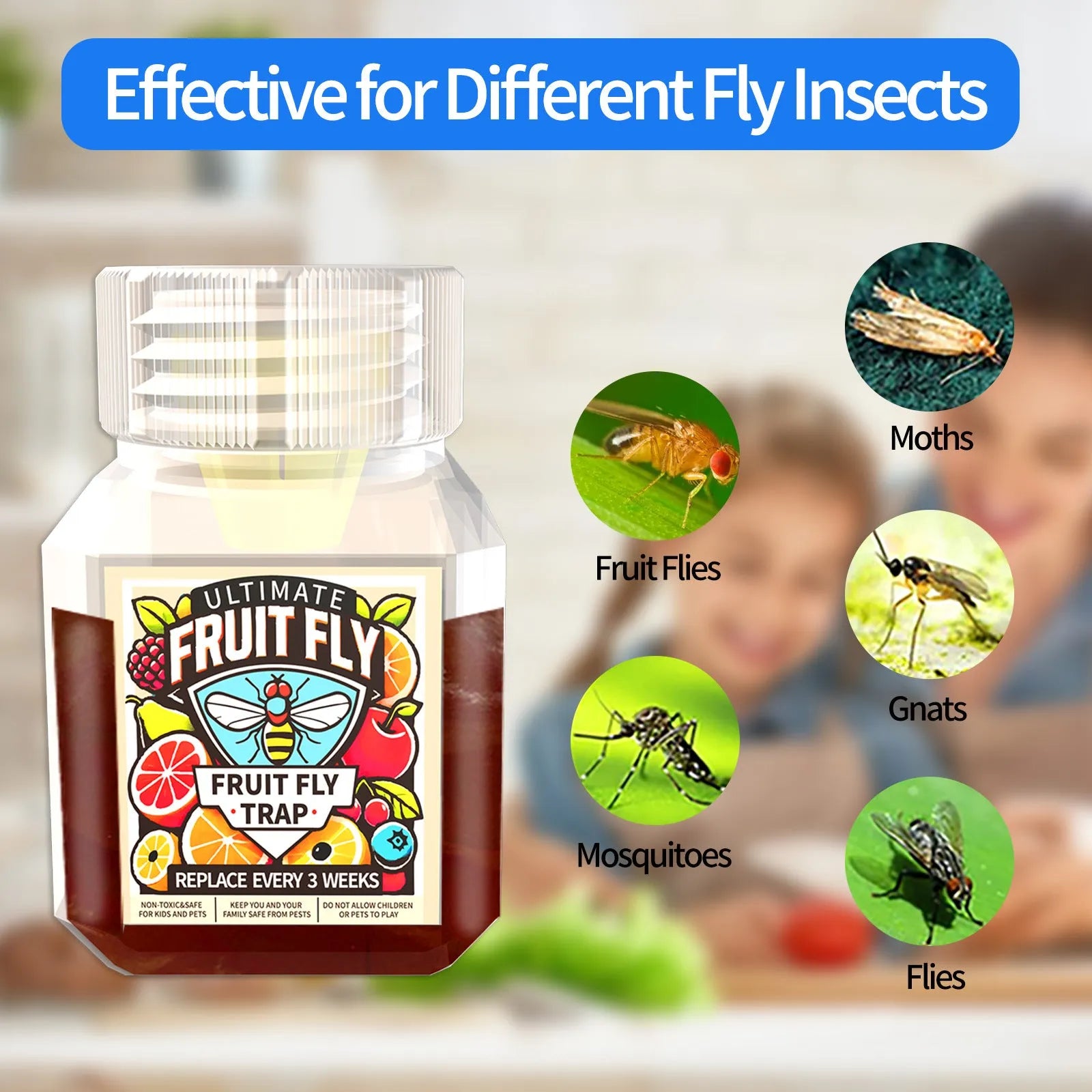 Bottle of fruit fly trapper bait liquid with specification options for trap systems.