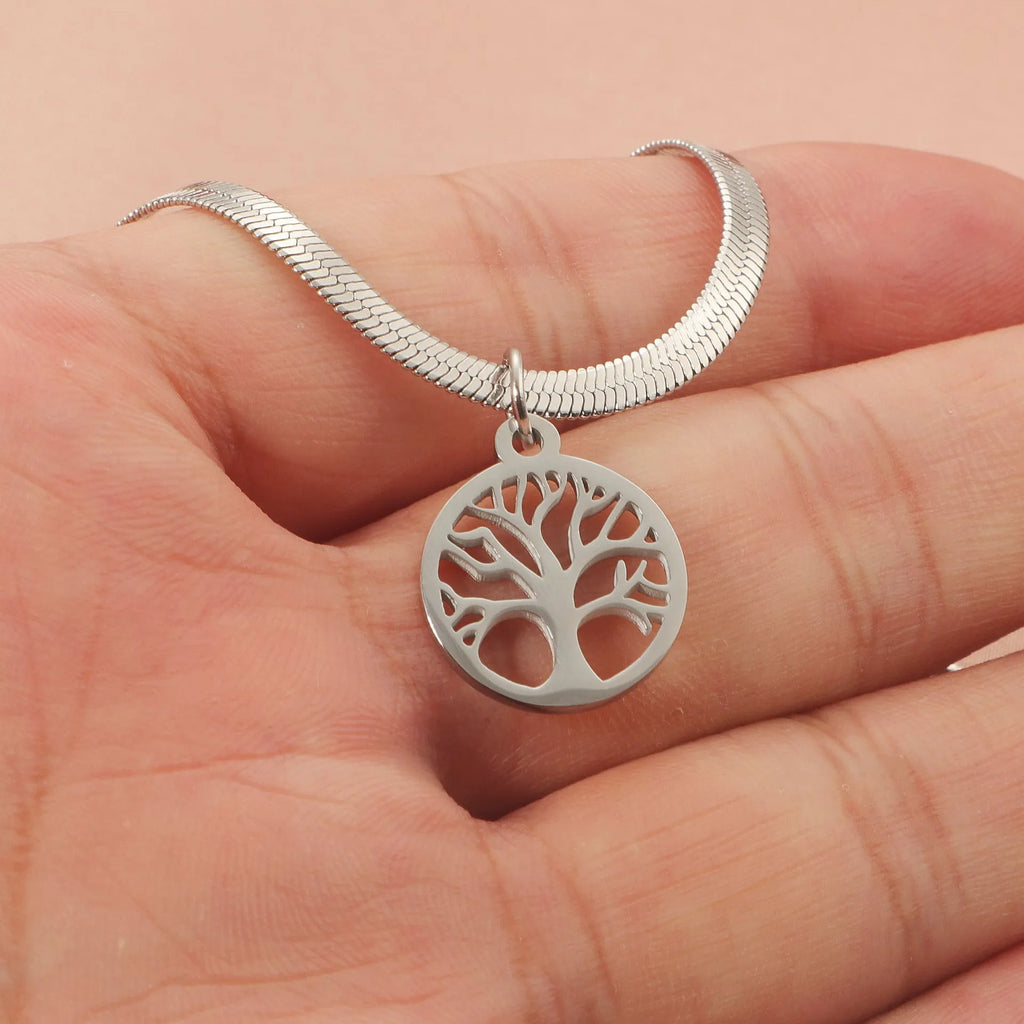 Stainless steel necklace with tree pendant on a snake bone chain in gold or steel colour.