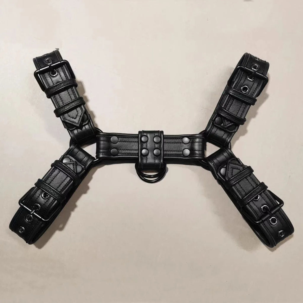 Black leather adjustable chest muscle bondage strap with metal buckle