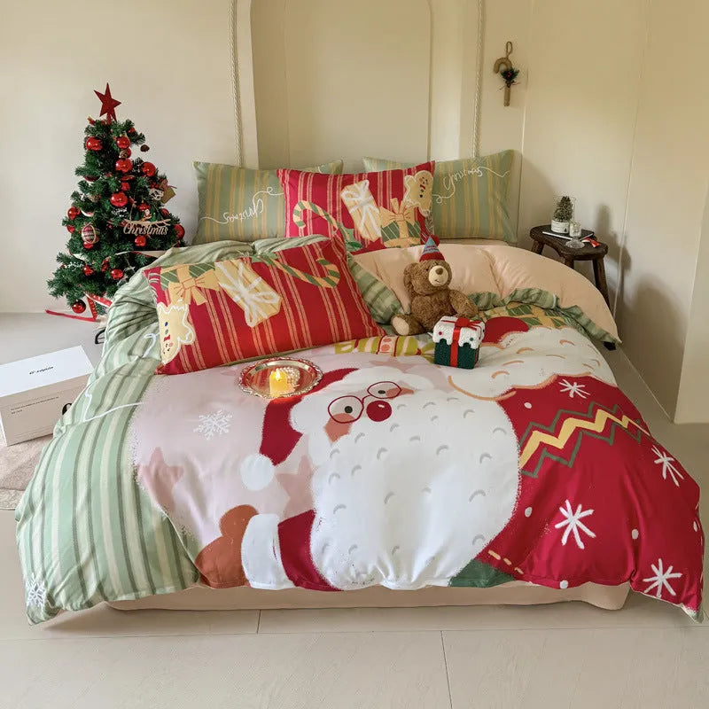 Christmas cartoon printed bedding set with sheet, quilt cover, and pillowcases in super soft washed cotton