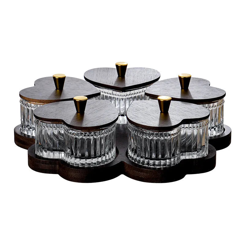 Retro glass serving platter with heart-shaped lids in 2, 3, 4, and 5 grid configurations for snacks.