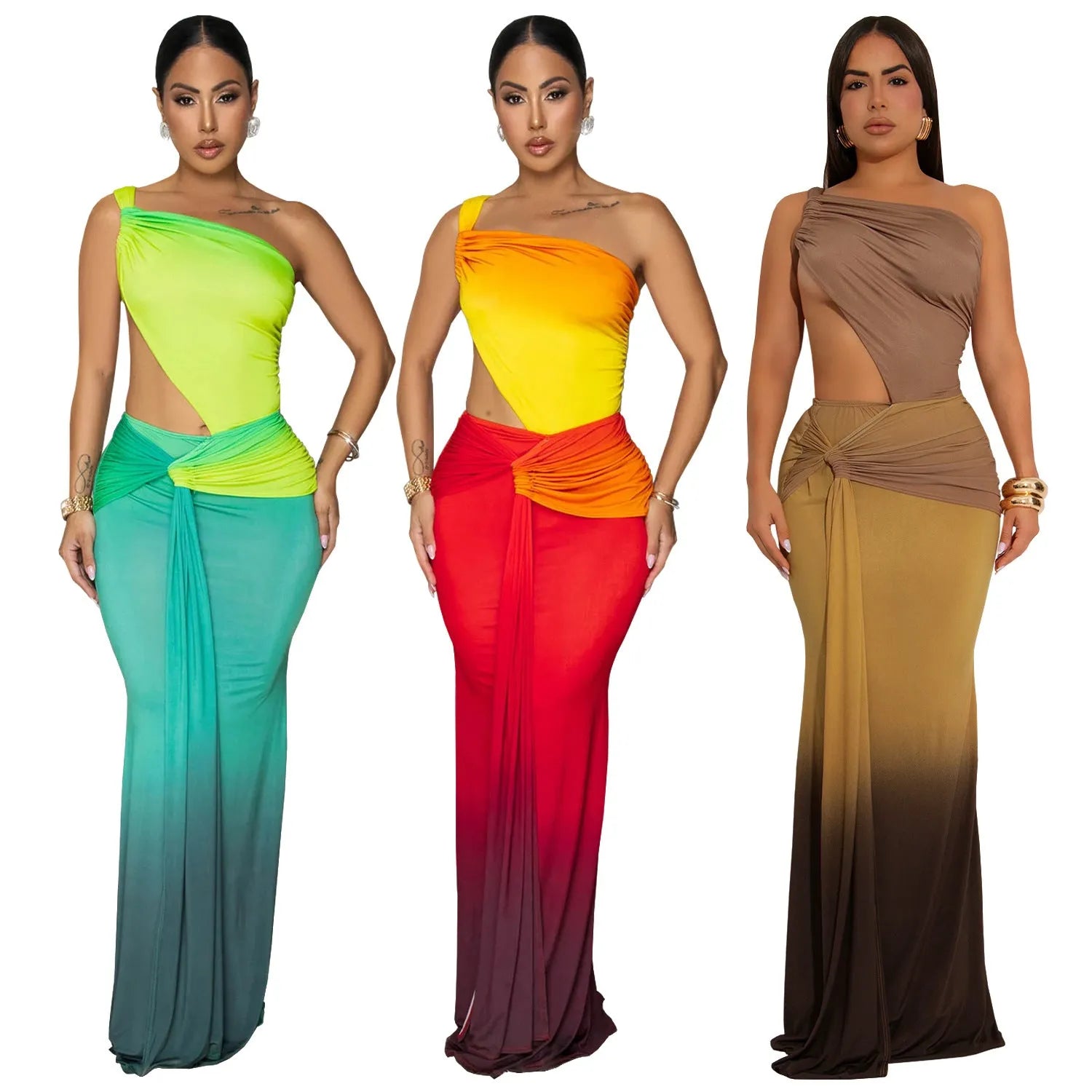 Oblique shoulder women's summer dress in a gradient colour with a high waist and long maxi skirt.