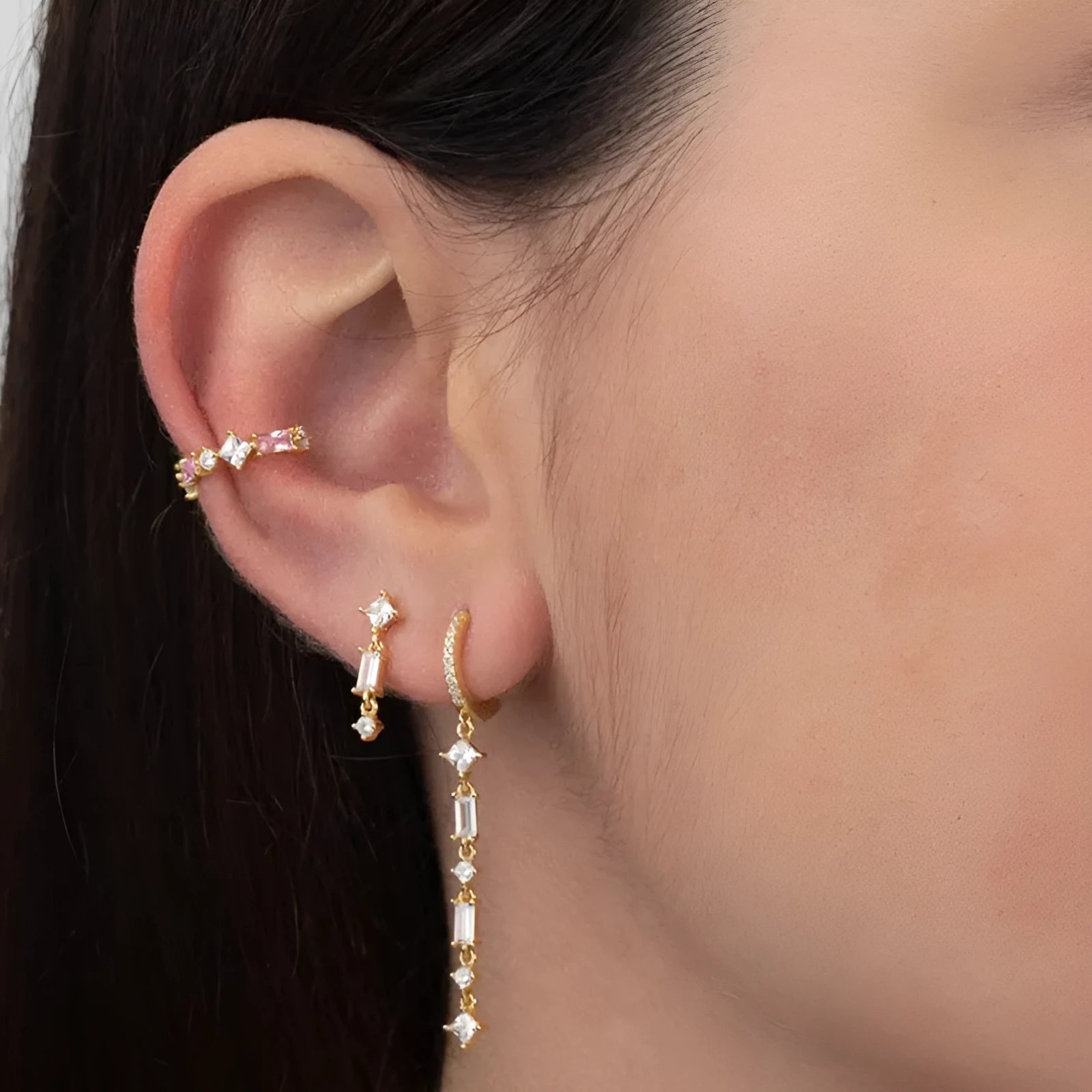 Sterling silver geometric U-shape ear clips with needle micro-inlaid colourful zircon stones and tassel design