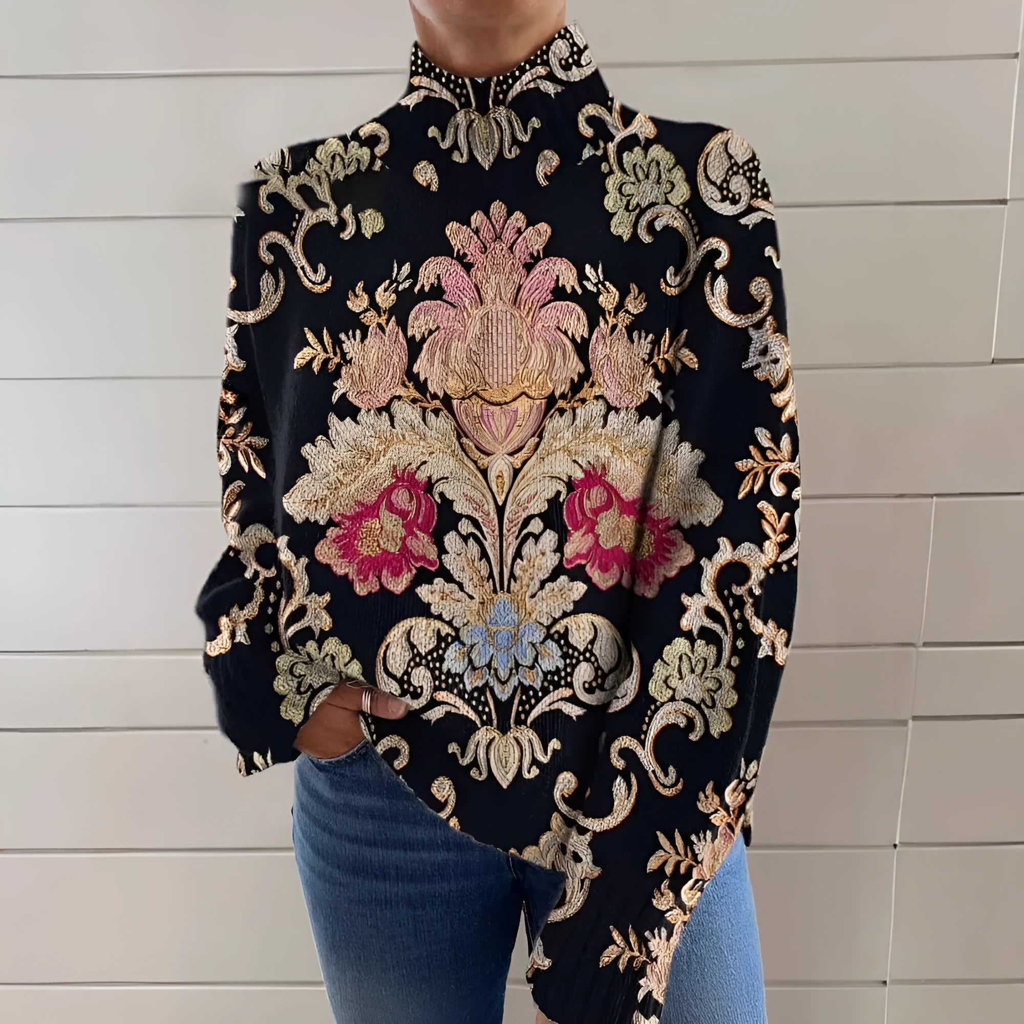 Black 3D pattern turtleneck long sleeve sweater in loose Japanese Korean casual style