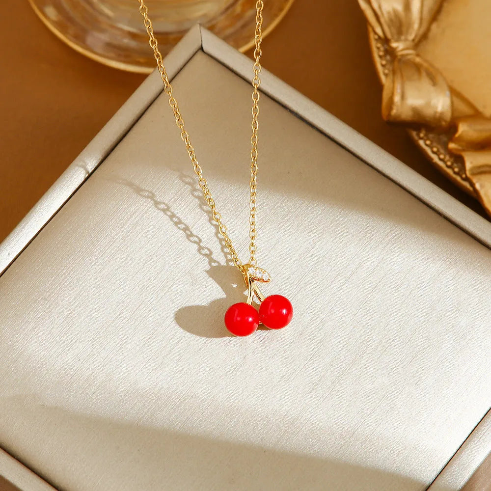 Titanium steel women's necklace with strawberry, cherry and pepper charm pendants on O-ring chain