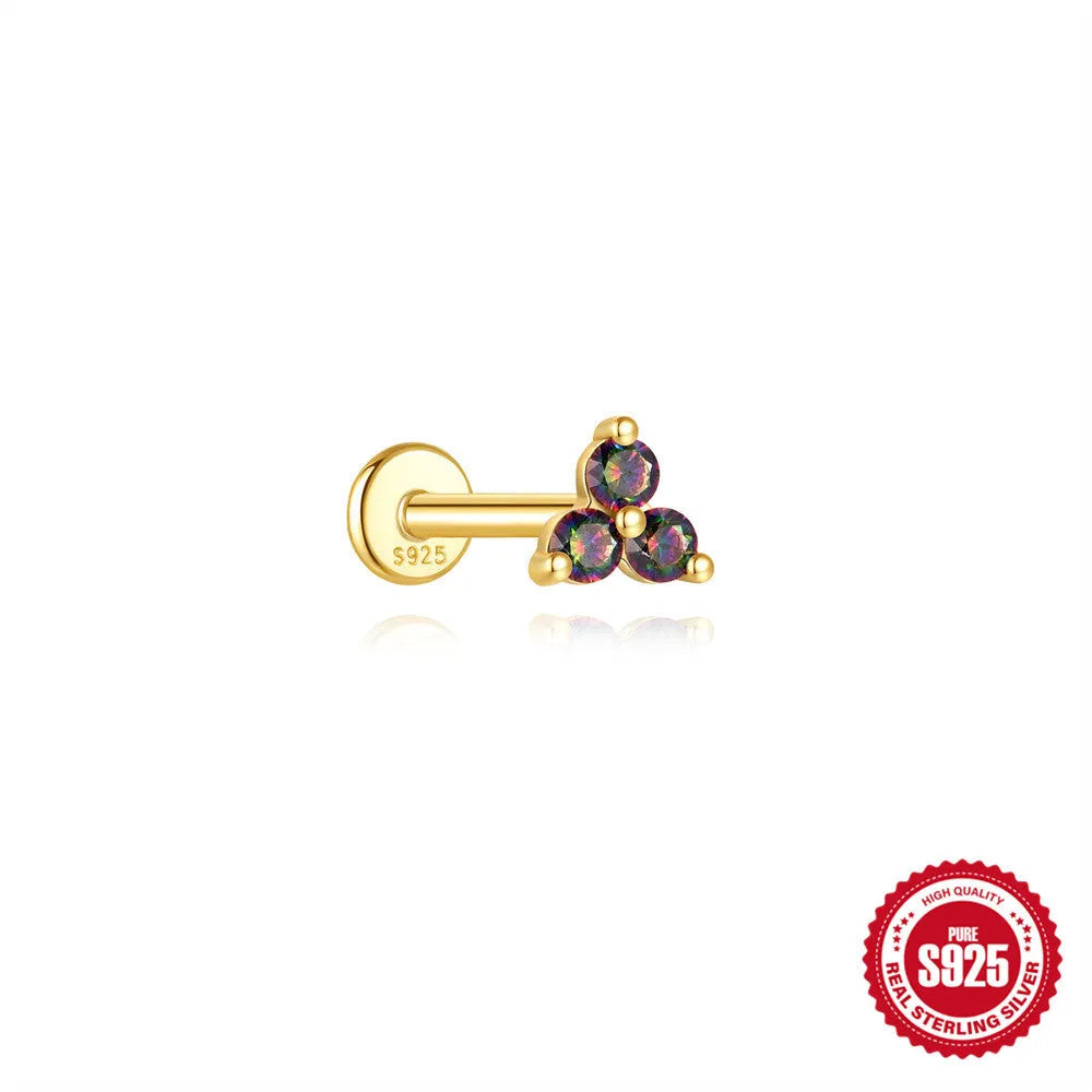 S925 sterling silver flat head thread ear stud with super shiny rainbow stone finish in a gold colour.