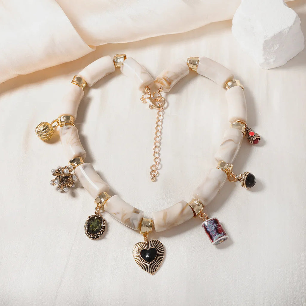 Heart-shaped resin bamboo necklace for women with electroplated colour finish