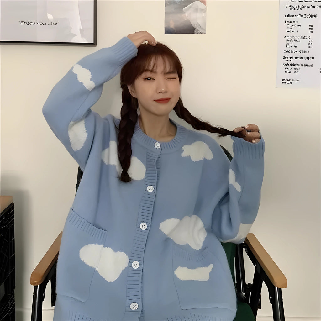 Women's blue cloud pattern cardigan sweater with long sleeves and loose fit