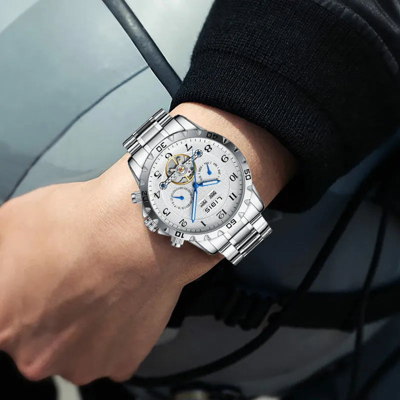 Men's silver steel automatic perpetual calendar watch with business design