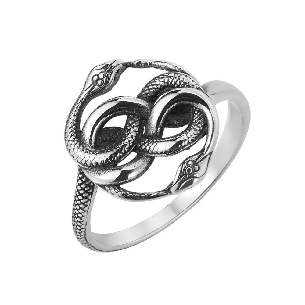 Titanium steel double snake ring in retro design with coiled serpent motif