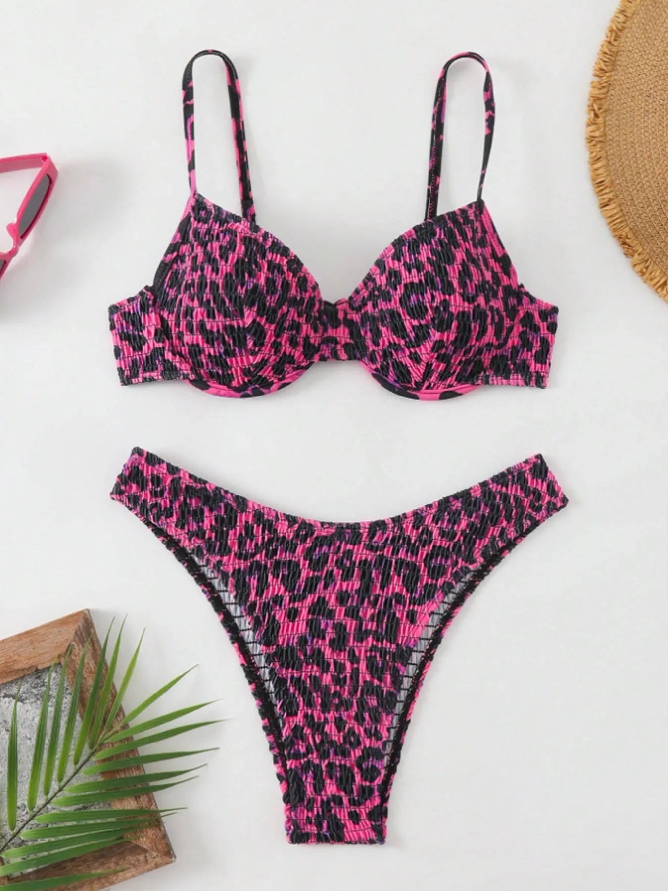 Women's leopard point print bikini swimsuit with backless design in brown mixed colour.