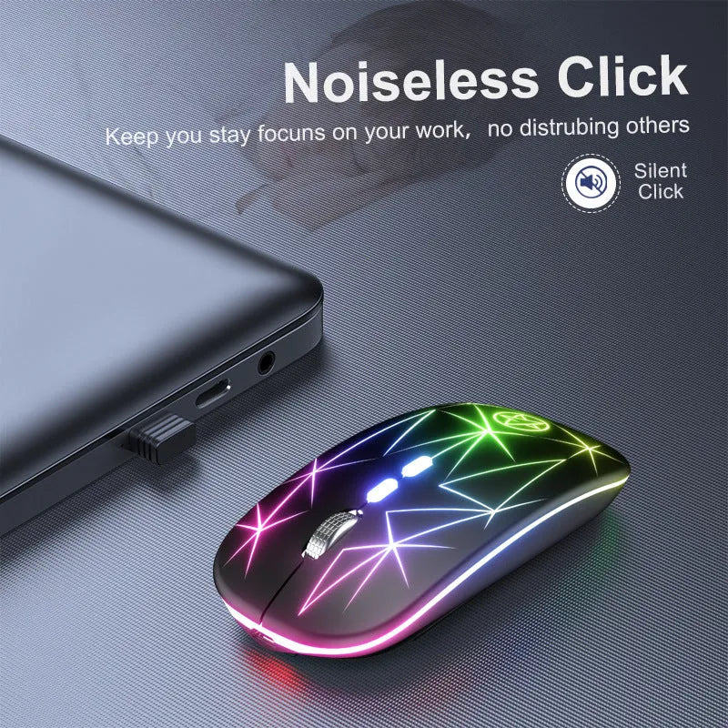 Dual-mode wireless Bluetooth mouse in star black colour with metal scrolling wheel and USB charging cable.