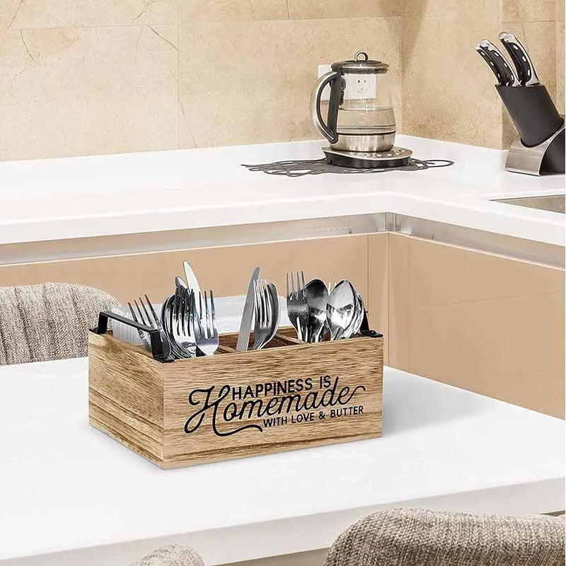 Large modern wooden kitchen storage box with internal grid dividers for organising cutlery.