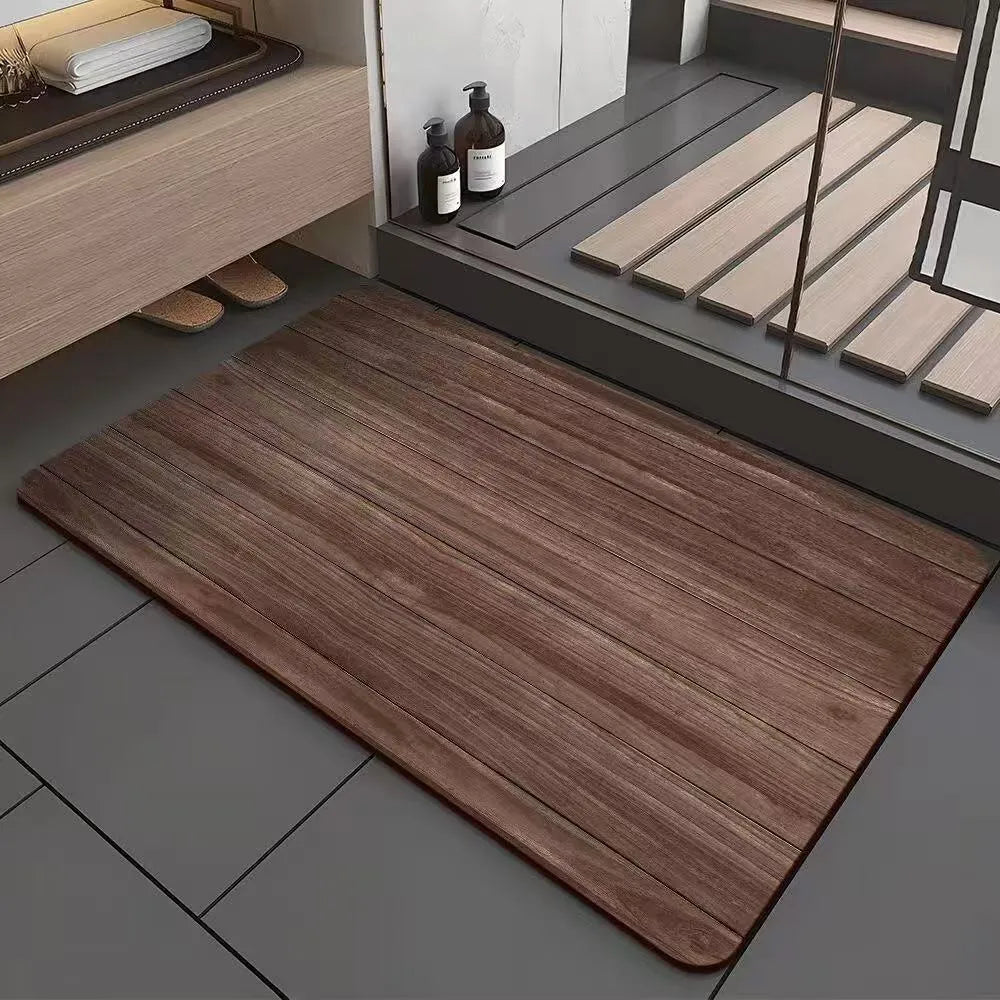 Square diatomite bathroom floor mat with wood grain pattern on bathroom tiles