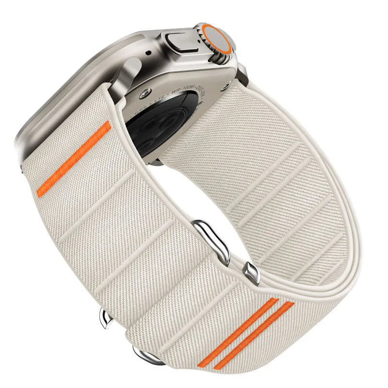Elastic nylon Apple Watch compatible band with stainless steel buckle shown in multiple colour options