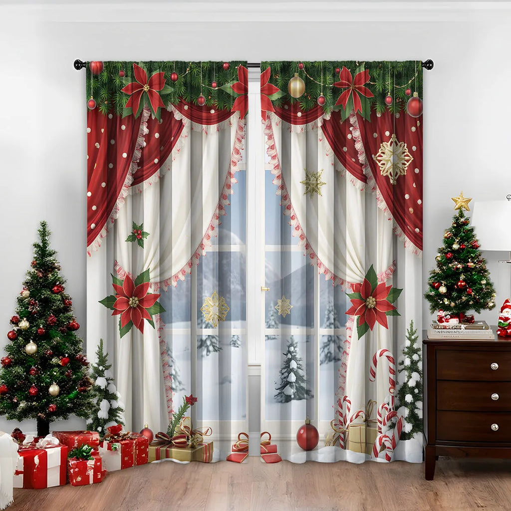 Pair of 3D digitally printed Christmas pattern blackout curtains hanging on a window.