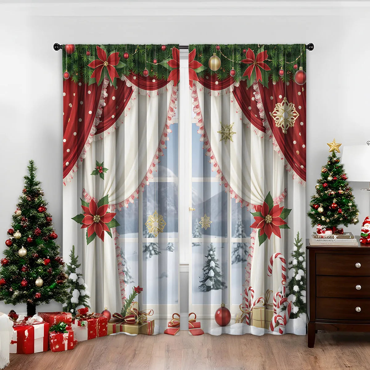 Pair of 3D digitally printed Christmas pattern blackout curtains hanging on a window.