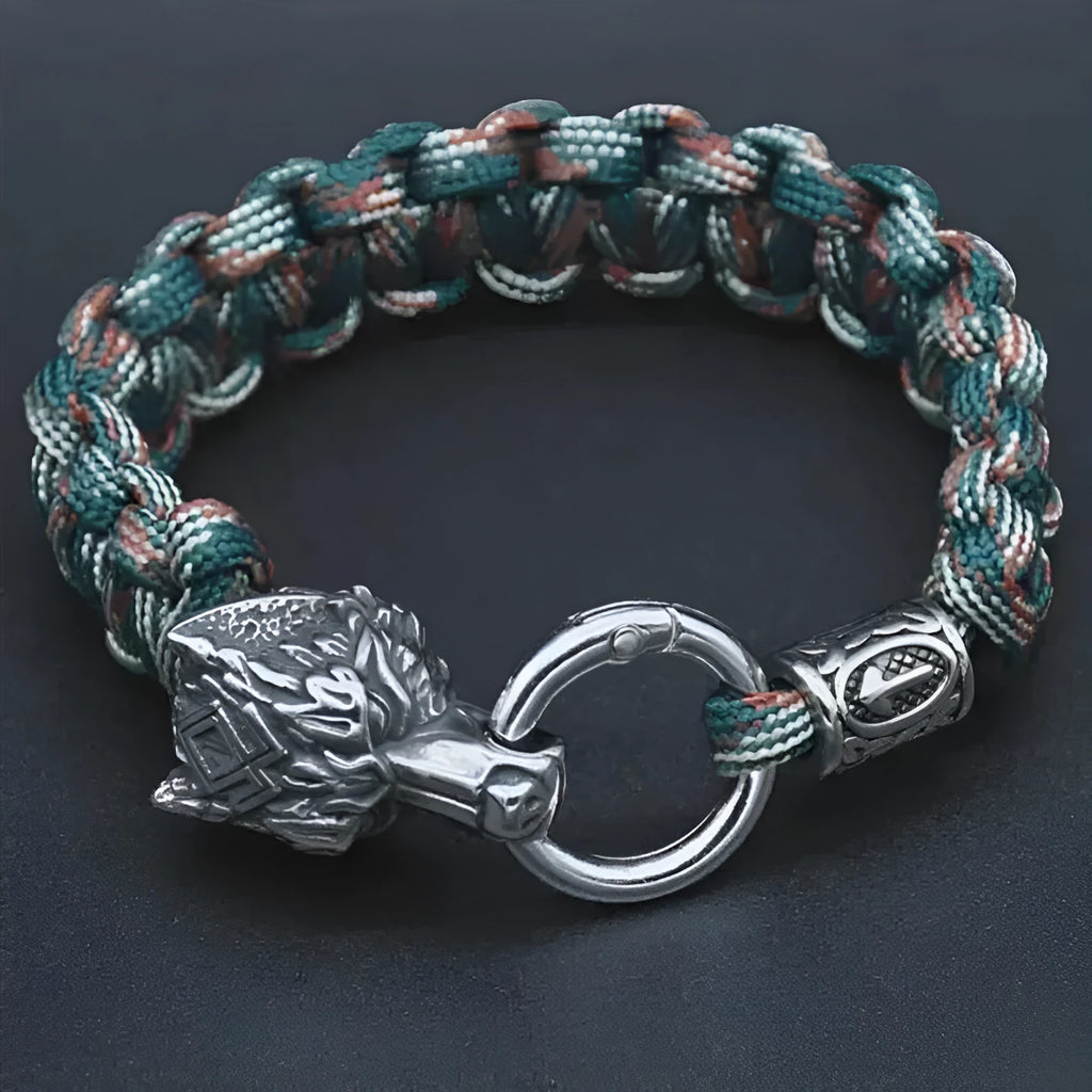 Handmade stainless steel wolf head bracelet with Luen character detailing in camouflage colour