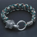 Handmade stainless steel wolf head bracelet with Luen character detailing in camouflage colour