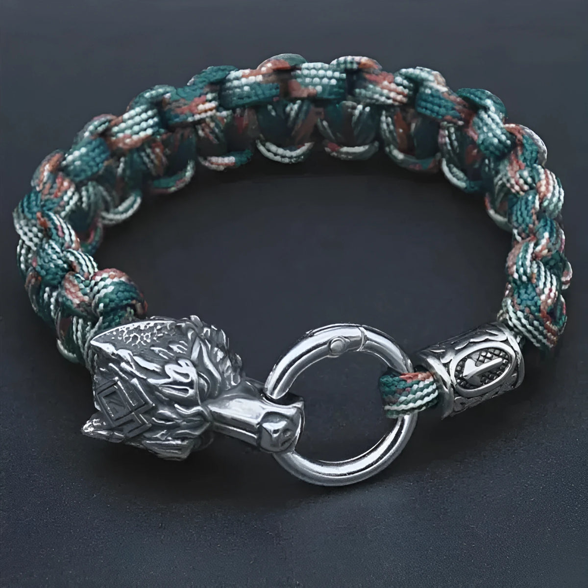 Handmade stainless steel wolf head bracelet with Luen character detailing in camouflage colour