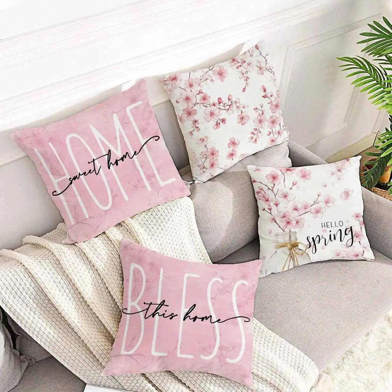 Square short velvet cushion cover with cherry blossom and letter design in 45x45cm size.