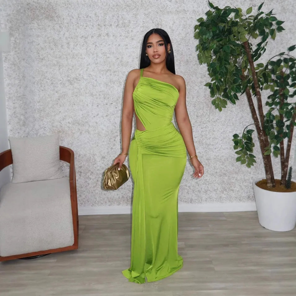 Women's solid colour long pleated one shoulder dress in green, orange, or white